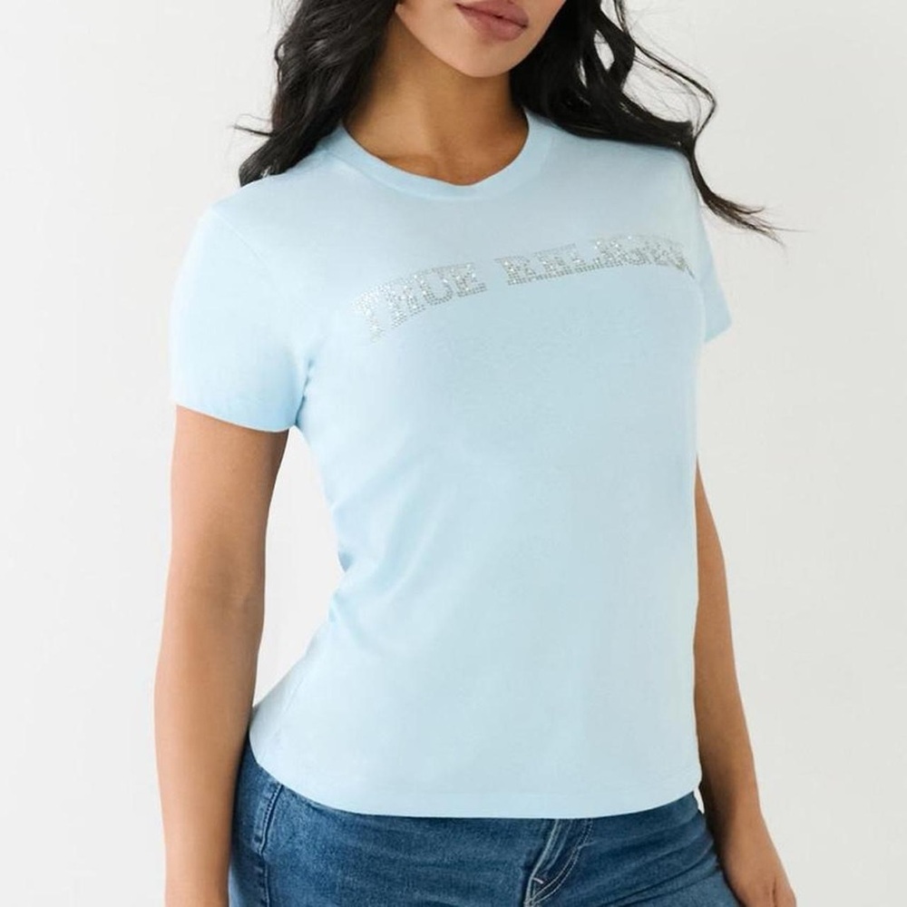 True Religion blue baby tee with silver rhinestone logo #y2k
